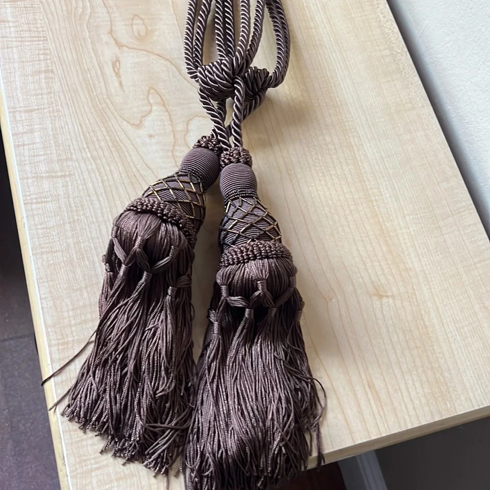 Set of 2 brown curtain tie tassels with copper beads detail approx 24” like new